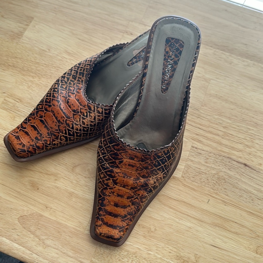 Snakeskin block heels